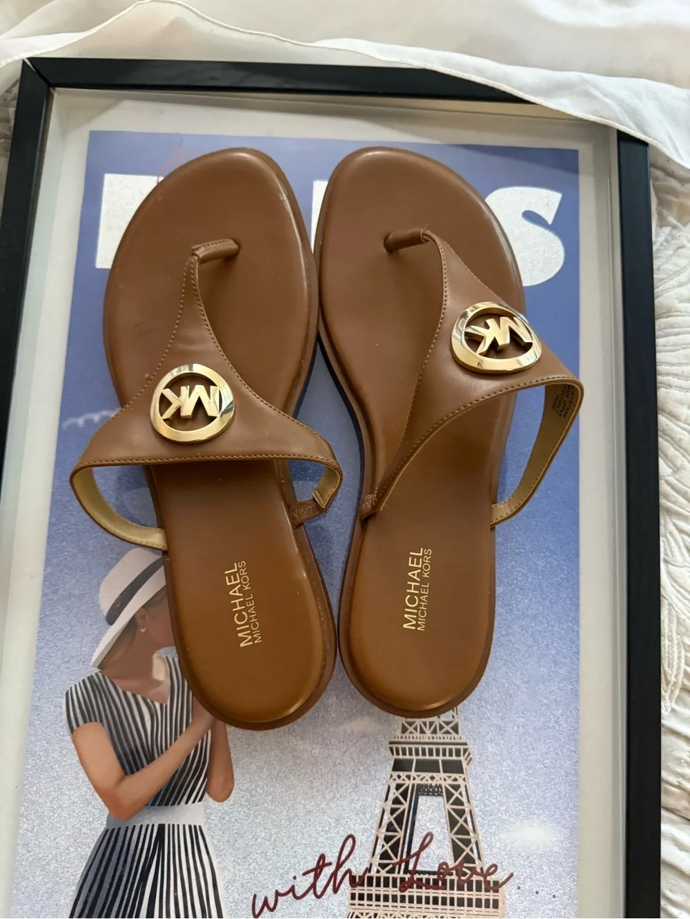 Michael Kors Tan Leather Logo Thong Sandals with Gold Emblem